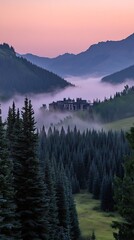 Obraz premium Misty valley panorama showcasing a mountain lodge at sunrise.