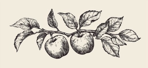 Hand-drawn apple branch illustration on a white background 