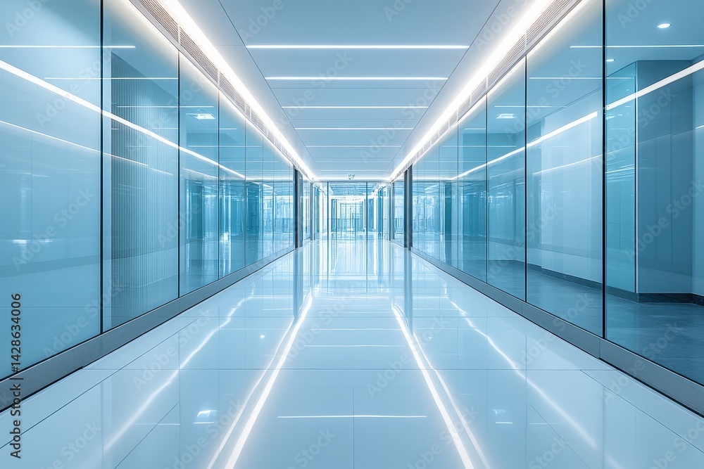 Aufkleber modern office corridor with sleek glass walls and bright lighting creating an inviting atmosphere fo