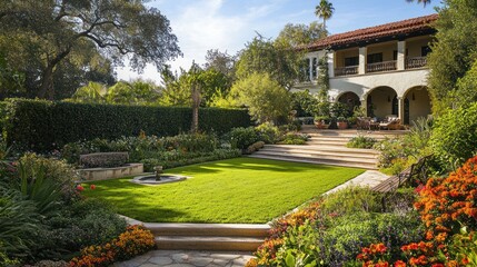 Obraz premium Spanish-style home garden, tiered landscaping, sunny day, floral borders, real estate