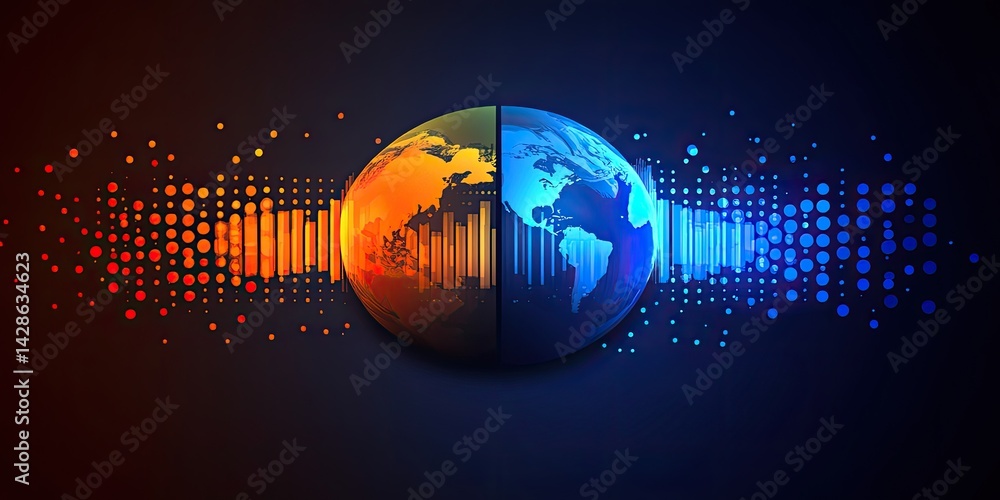 Poster global data streams visualized as glowing energy emanating from a split-view earth