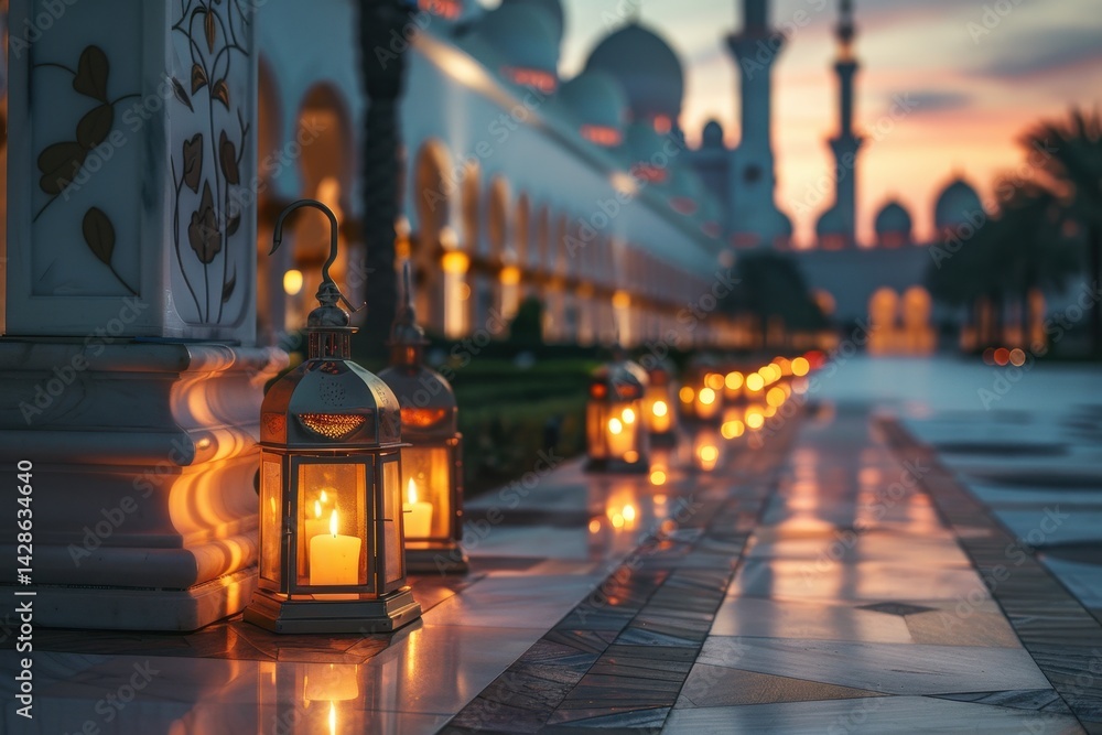 Poster moroccan lanterns and candles line the walkways of a grand mosque at dusk, creating a serene atmosph