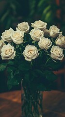 Fototapeta premium A bouquet of creamy white roses in a glass vase on a wooden table. The image evokes romance, elegance, and serenity.