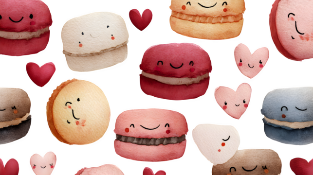 watercolor macarons with smiling faces, floating hearts, soft pastel tones - Powered by Adobe