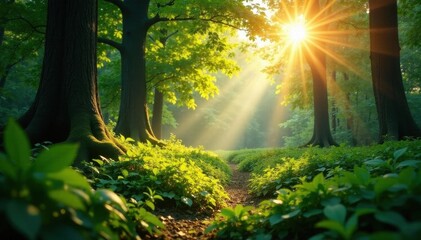 Obraz premium Warm sunlight filtering through canopy, illuminating vibrant green undergrowth, woods, outdoor, green