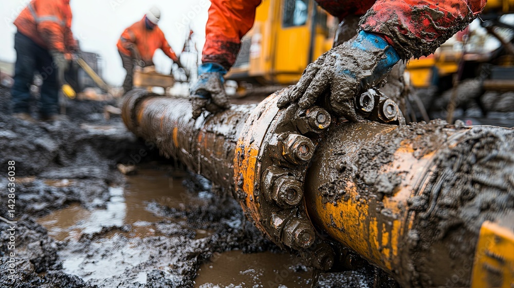 Poster workers connect a large, muddy pipeline section.