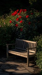 Fototapeta premium Serene garden bench beneath vibrant red roses bathed in sunlight. Perfect for relaxation, peace, and tranquility.