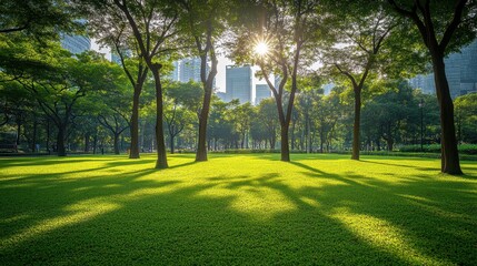Obraz premium Lush green park with sunlight streaming through trees and city buildings behind. Perfect for environmental, wellness, or urban nature concepts visually.