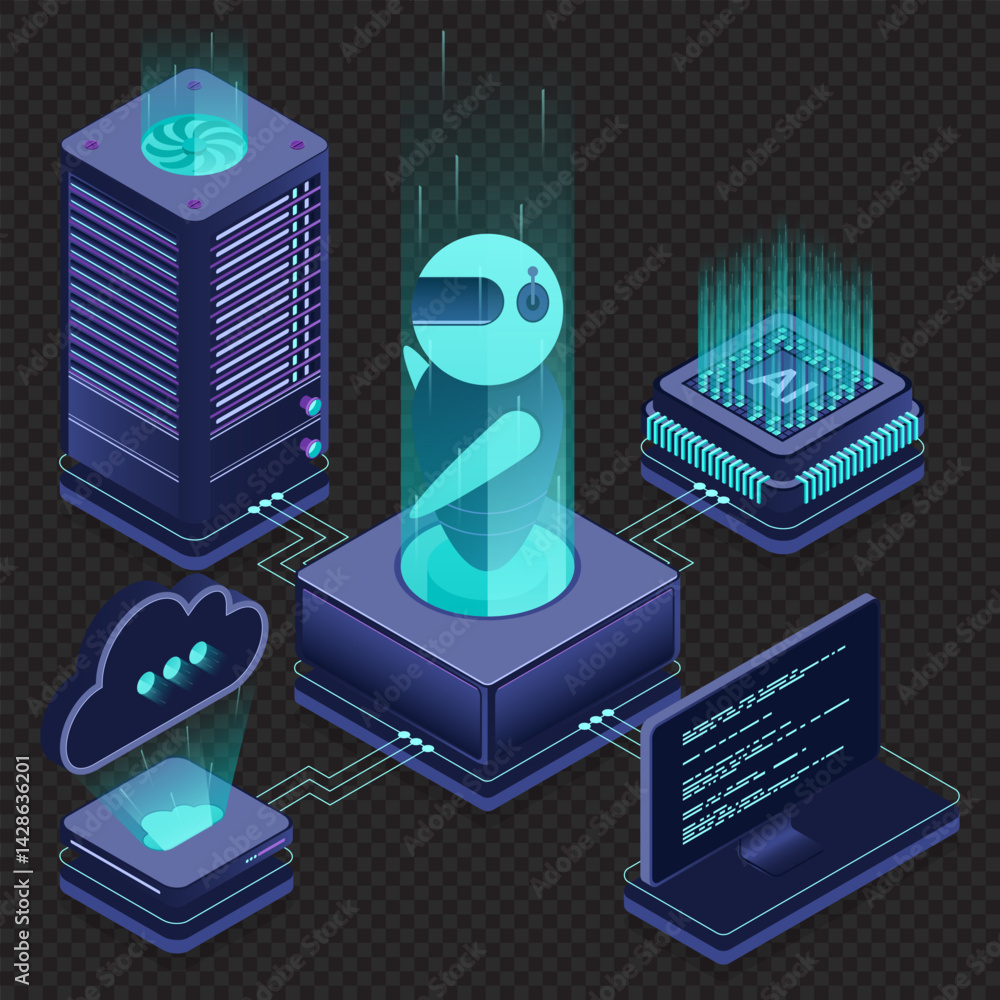Poster artificial intelligence robot. system analysis. big data processing. machine learning technology. is