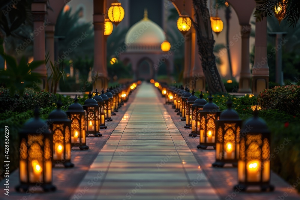 Poster moroccan lanterns and candles line the walkways of a grand mosque at dusk, creating a serene atmosph