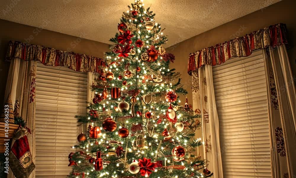 Poster a decorated christmas tree stands tall with lights against a soft bokeh background made with generat