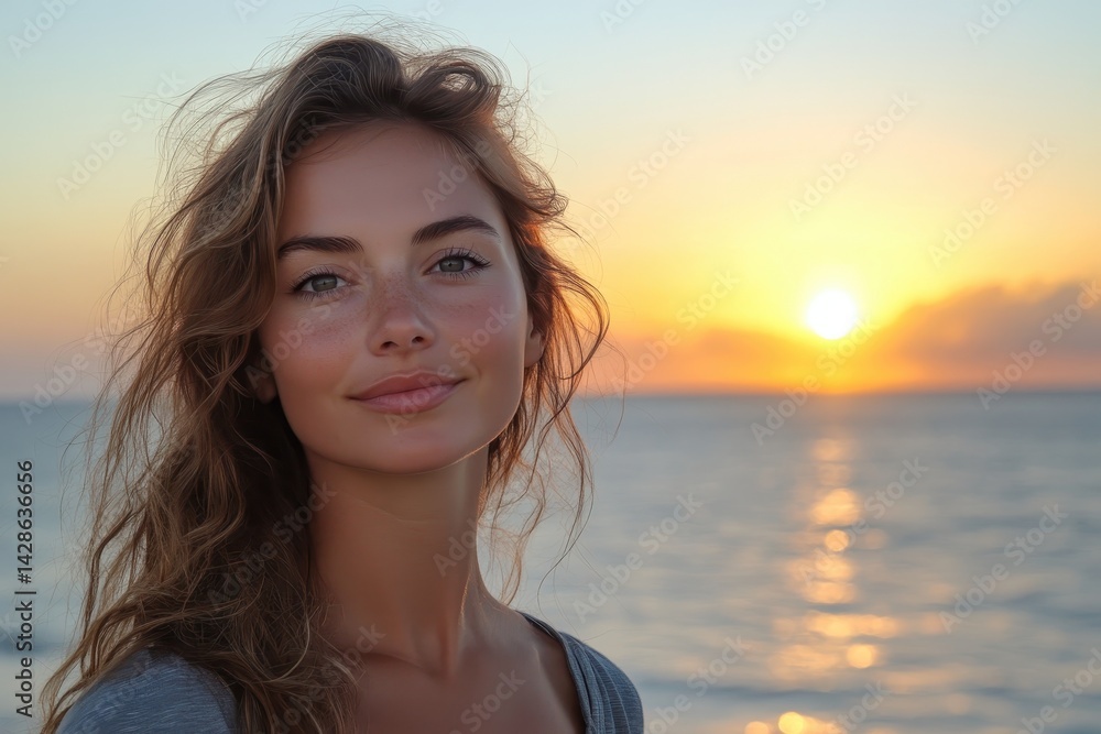Poster sunset over calm ocean waves on a serene beach filled with vibrant colors and soft clouds, capturing