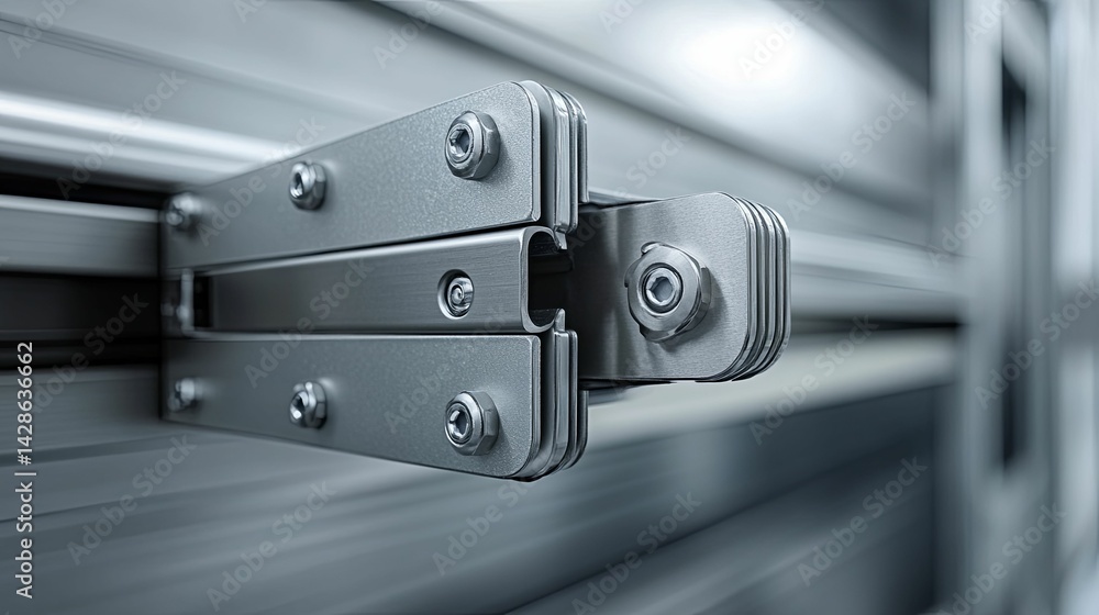 Aufkleber close-up view of a metallic security shutter locking mechanism.