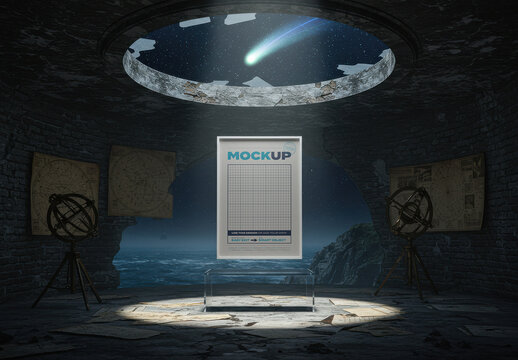 Poster Mockup Floating on Creation Sacred Room with Astrolabe