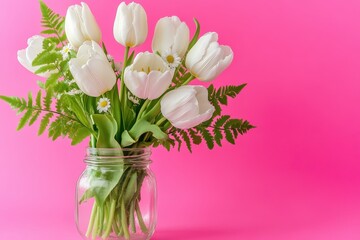 A beautiful bouquet of white tulips in a glass jar against a vibrant pink background.
