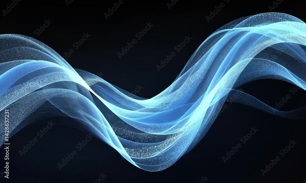 Poster blue wave lines cascade from the right across a black background in flowing motion made with generat