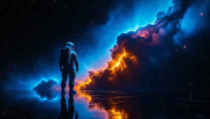 Fototapeta premium Astronaut Contemplates Nebula on Distant Planet with Reflective Surface