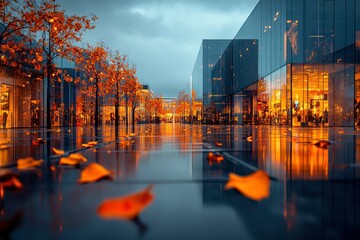 Obraz premium A modern urban scene with autumn foliage reflecting on wet pavement at dusk.