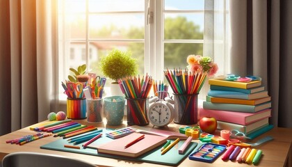 back to school concept. Books and pencils with sketch. Children's school sketch.