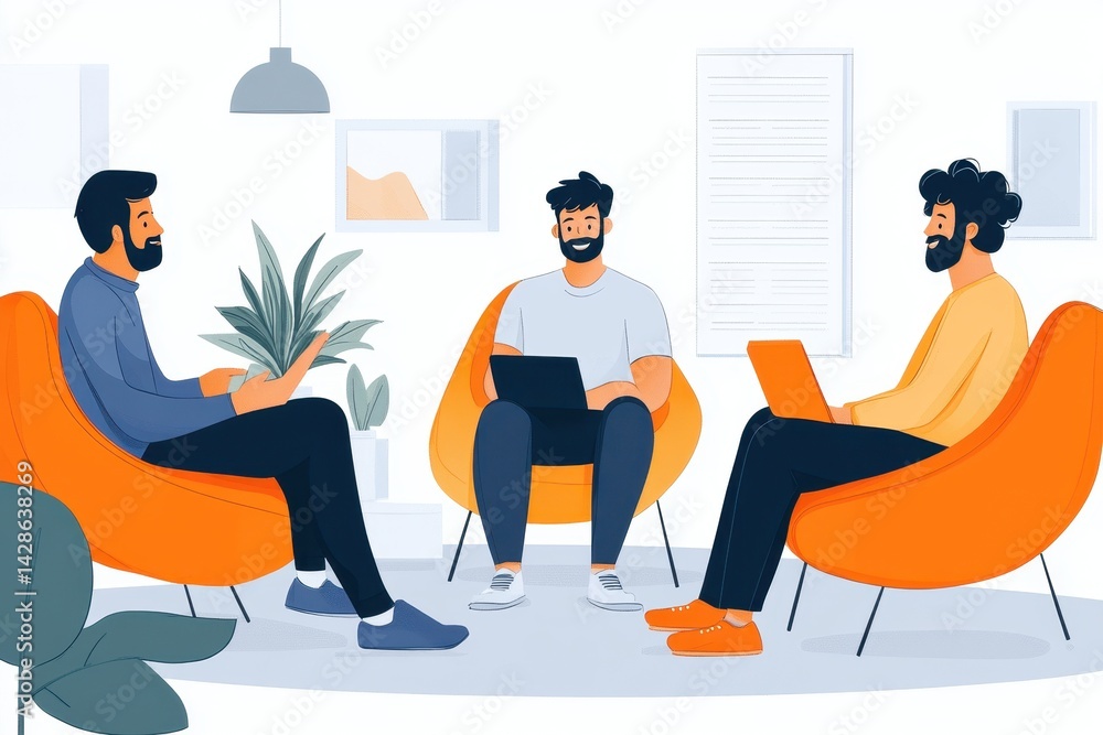Poster group of three friends engaged in a productive discussion while sitting in bright orange chairs in a