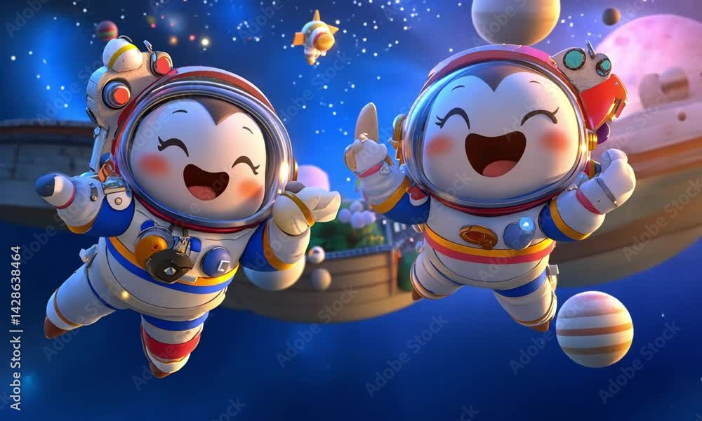 Poster astronauts travel through space on a vibrant rocket surrounded by stars and swirling nebulas made wi