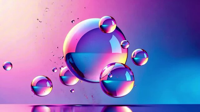 Vibrant bubbles are captured floating against a colorful gradient backdrop, highlighting reflections and light play, with camera movement enhancing visual storytelling