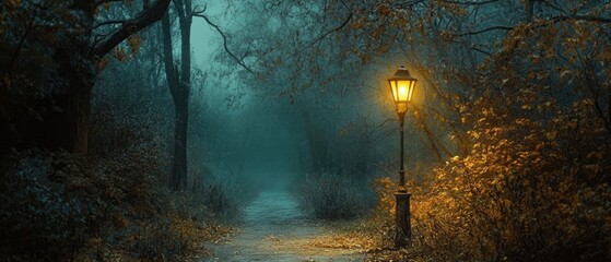A lone street lamp illuminates a misty path in a dense forest.