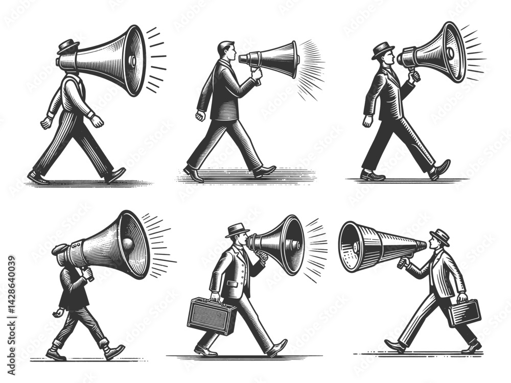 Poster megaphones and businessman walking set collection bundle sketch engraving generative ai vector illus