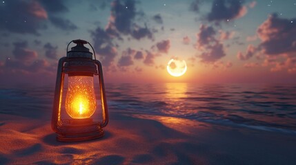 A vintage lantern illuminates a serene beach at twilight.  A crescent moon graces the sky above the tranquil sea