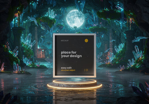 Square Frame Poster Mockup on Fantasy Crystal Place