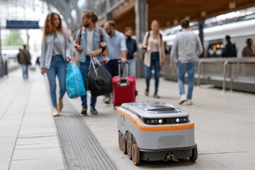 Obraz premium An autonomous delivery robot maneuvering through a bustling train station, showcasing advancements in robotic technology and its applications in everyday transport scenarios.