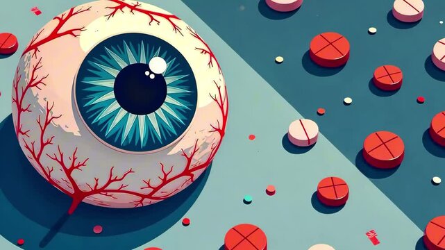 On a blue background, there is an eyeball with red vessels on a white with a blue iris, surrounded by red and white pills. The concept of vision, speech and prevention, ophthalmology.