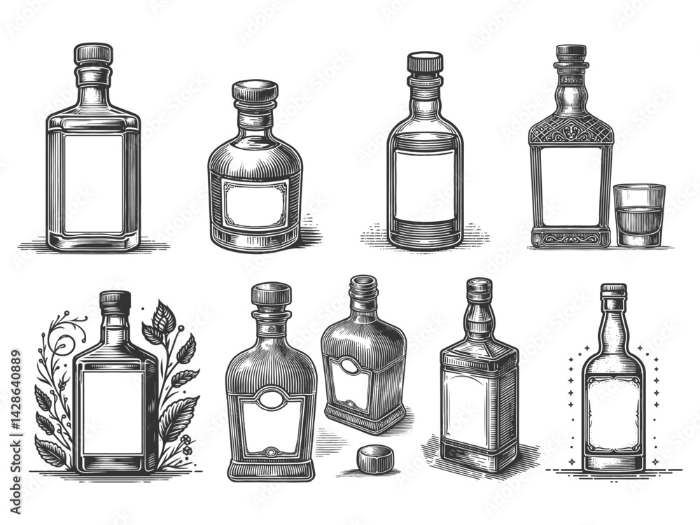 Poster liquor bottles with empty labels, ideal for branding, packaging, or bar-themed artwork set collectio