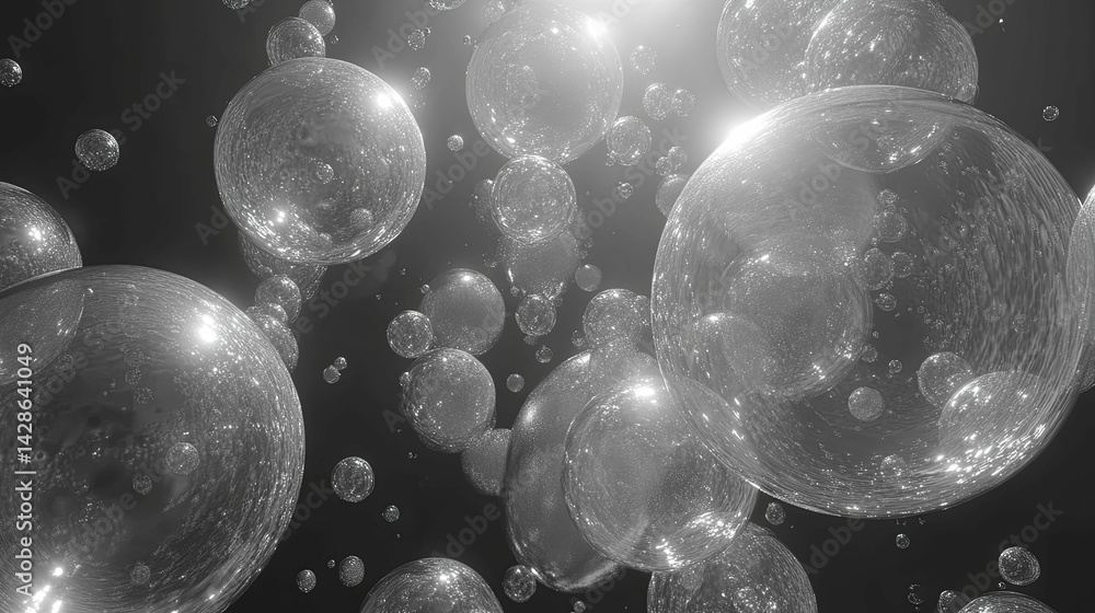 Poster a grayscale image of many reflective spheres floating in the dark.
