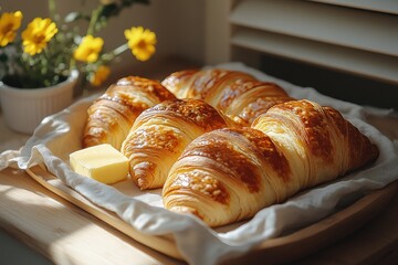 Freshly baked golden croissants on a wooden tray, accompanied by butter and flowers in sunlight