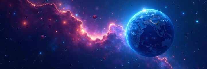 Shining cosmic orb nebula background with blue planet and galaxy cosmos, nebula, planet