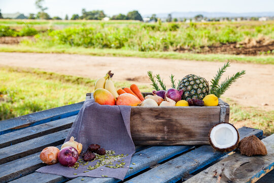 Wooden box of fresh fruit and veg on pallet on Aussie farm