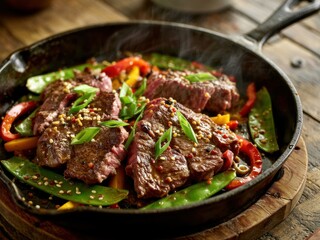 Fototapeta premium Grilled steak and colorful vegetables in a cast iron skillet on a wooden table ready to be served