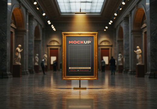 Vertical Art Frame Poster Stand Mockup on Museum