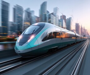 Naklejka premium A stunning image of high-speed train zooming through an urban landscape, representing modern and efficient transportation technology with a sleek, aerodynamic design and a sense of dynamism.