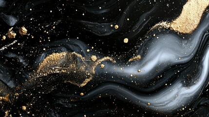Black, white, and gold fluid art swirls and flecks