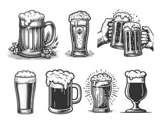 beer glasses and mugs with frothy tops, perfect for brewery, Oktoberfest, or pub themes set collection bundle sketch engraving generative ai vector illustration. Scratch board. Black and white image.