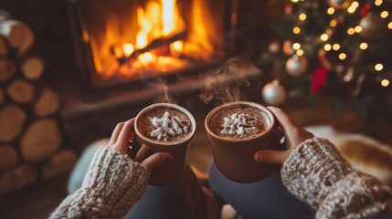Cozy winter celebration: Warm fireplace with hot chocolate and christmas tree