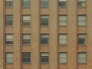 Fototapeta premium Brick building facade with multiple windows. Perfect for architectural, real estate, or urban design projects.