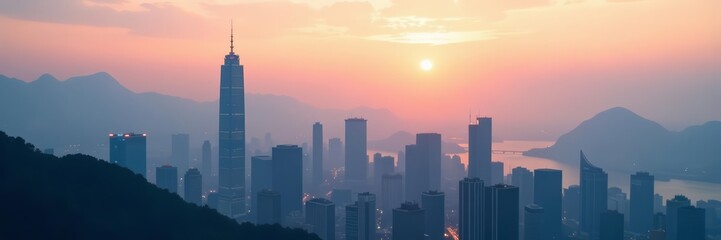 Skyscraper silhouette emerging from fog in Hong Kong cityscape, architecture, foggy