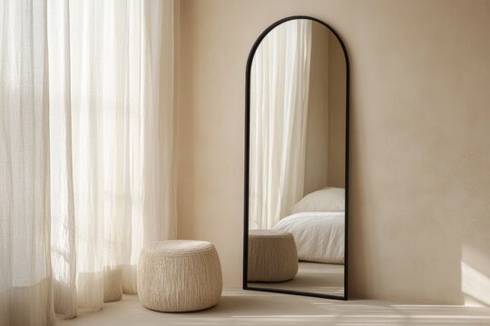 Arch mirror in a minimalist bedroom