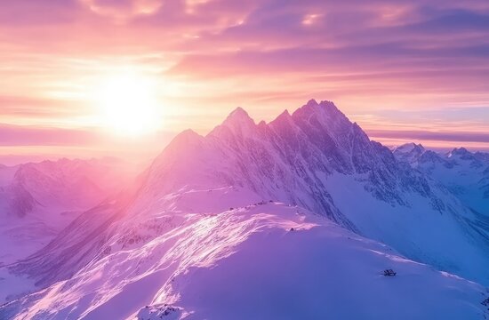 Majestic snow-capped mountain peaks bathed in the warm glow of a vibrant sunset.  Pink and purple hues dominate the sky