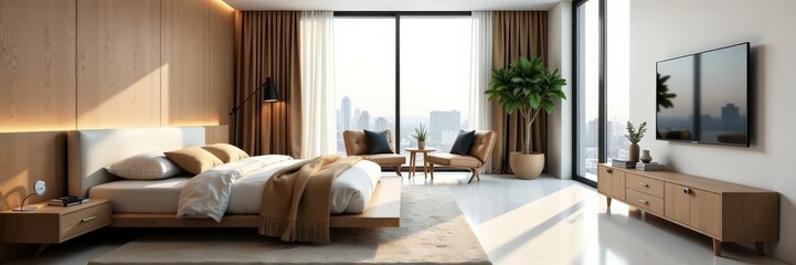 Fototapeta premium Sleek and stylish bedroom with minimalist furniture and clean lines, bed, modern