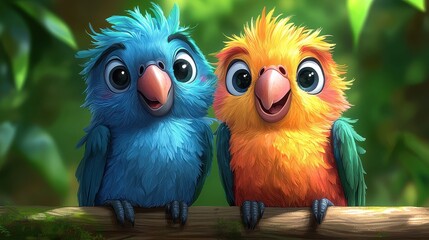 Two colorful cartoon birds perched on a branch in a vibrant jungle setting