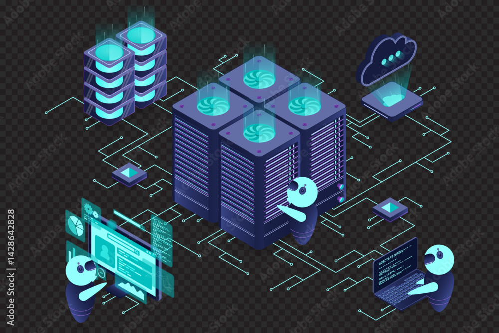 Poster data center and web hosting isometric concept. сloud computing storage. isometric server room rack. 